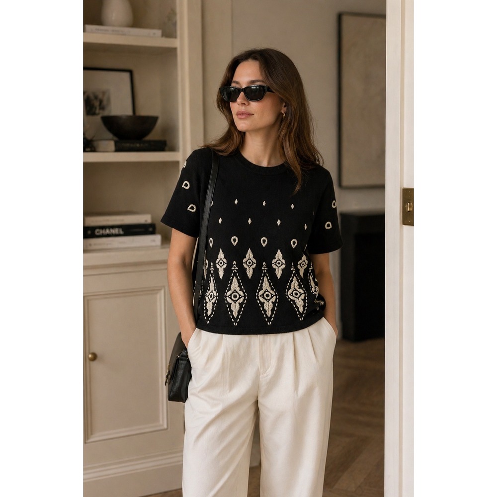 Mondi Vintage Whimsigoth Boho Black Short Sleeve Fisherman Geometric Knit Top
